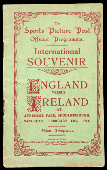 A scarce England v Ireland international programme played at Ayresome Park, Middlesbrough,