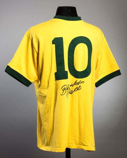 A Pele signed yellow Brazil retro jersey,
signed in black marker pen to the reverse below the No.