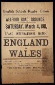 A printed handbill advertising a forthcoming international schoolboys' rugby match between England