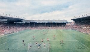 A Manchester United print signed by Sir Matt Busby,
a scene at Old Trafford,