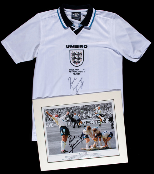 A Paul Gascoigne signed England shirt commemorating the 4-1 win v Netherlands at Euro '96,