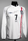 A David Beckham signed 2001 England v Greece replica jersey,
white, long-sleeved,