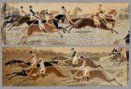 Two framed horse racing stevengraphs,
silkwork pictures titled "The Start" and "The Struggle",