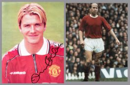 Signed colour photographs of Manchester United legends Sir Bobby Charlton and David Beckham,