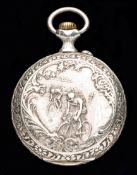 A Swiss pocket watch decorated with a scene of a cycling race in a velodrome,
embossed decoration,