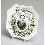 A Staffordshire pottery plate commemorating the jockey Fred Archer circa 1886,