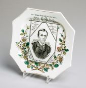 A Staffordshire pottery plate commemorating the jockey Fred Archer circa 1886,