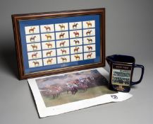 Martell Grand National memorabilia,
water jugs, cigarette style cards of winners, framed,