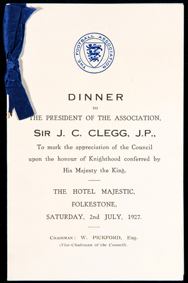 A menu for a Dinner to the President of the Football Association Sir J.C.