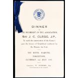 A menu for a Dinner to the President of the Football Association Sir J.C.