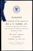 A menu for a Dinner to the President of the Football Association Sir J.C.