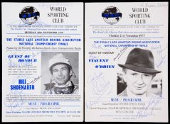 Two autographed World Sporting Club dinner menus in  honour of Vincent O'Brien in 1977 and Bill