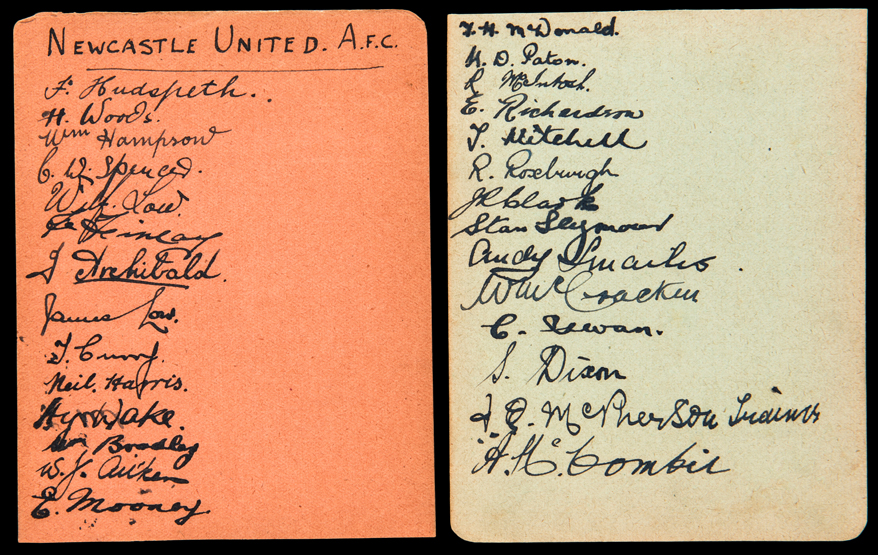 The autographs of the Newcastle United team 1922-23,
signed in ink over two album pages,