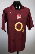 A team-signed redcurrant Arsenal home jersey from the last season at Highbury 2005-06,