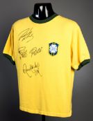 A signed Brazil retro shirt,
signed in black marker pen by Roberto Carlos, Ronaldo,