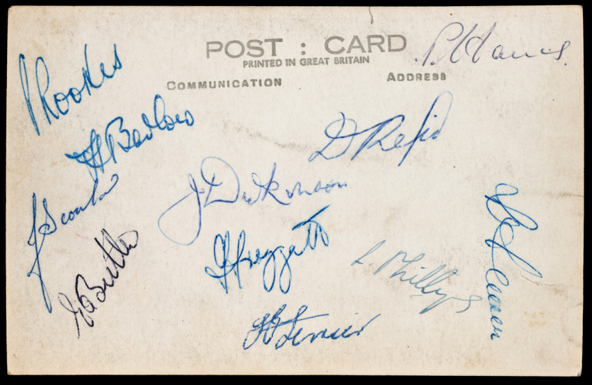 A signed postcard of the Portsmouth 1948-49 Football League Division One Championship team,