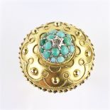 9 ct yellow gold turquoise and diamond ring. Converted from a brooch and measuring 28 mm across.