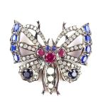 White metal ruby, sapphire, diamond and pearl butterfly brooch.