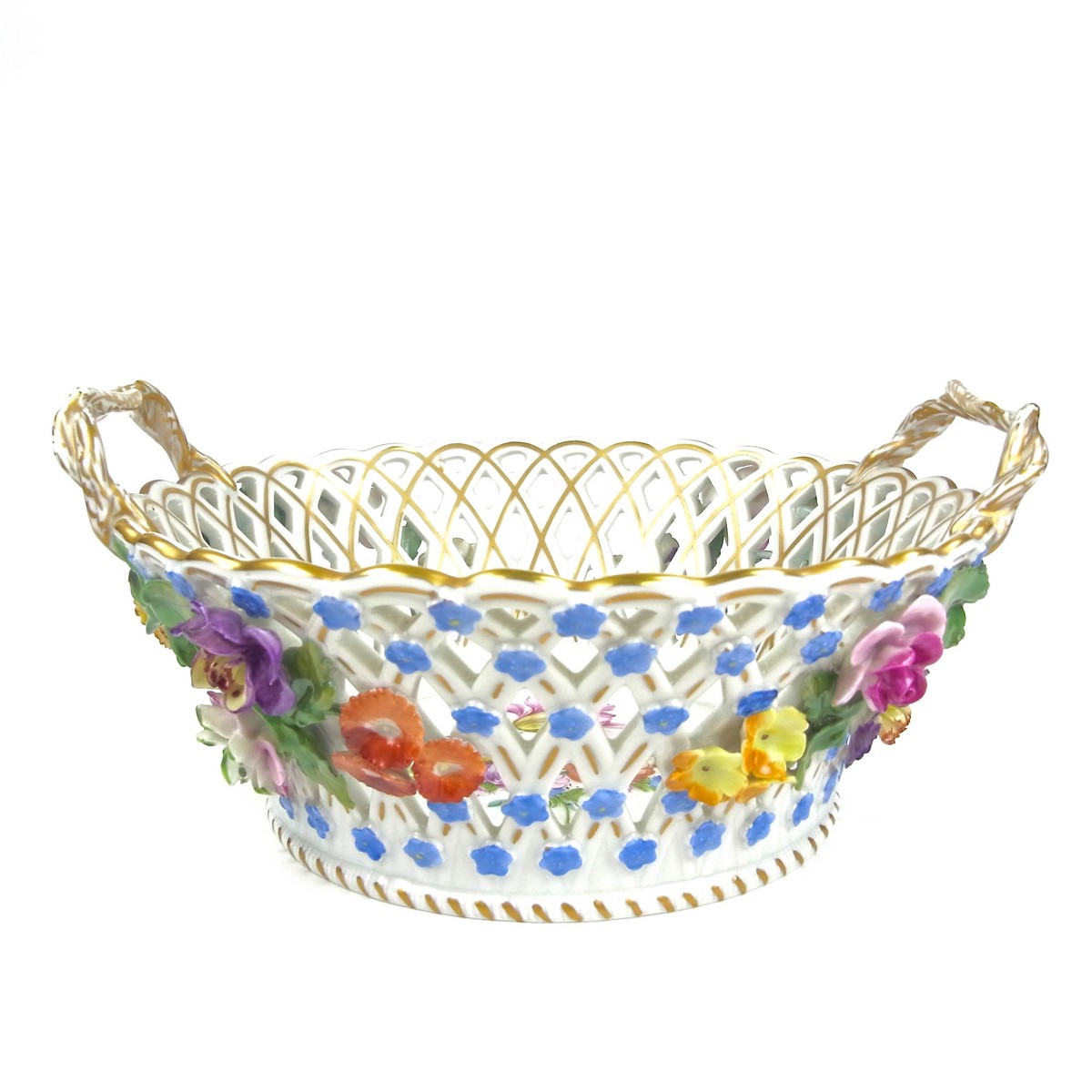 A Dresden porcelain twin handled basket, 20th century.