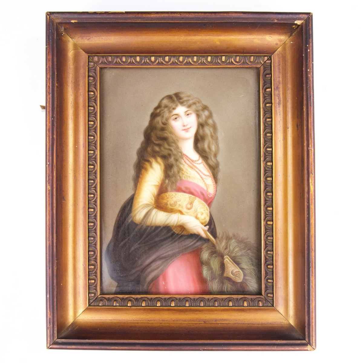 A German hand painted porcelain plaque depicting a three quarter length portrait of a lady,