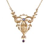 Art Nouveau yellow gold sapphire and pearl pendant necklace, tests 9 ct.
