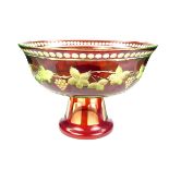 A large uranium and cranberry overlay glass tazza, probably 19th/early 20th century Bohemian.