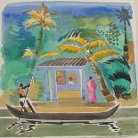 Newington, Charles Backwater Landing, Kerala. 9 x 11 ins.., oil on canvas, monogram 'CN' front,