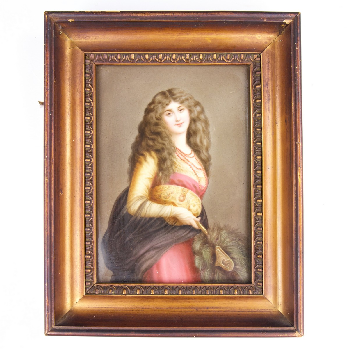 A German hand painted porcelain plaque depicting a three quarter length portrait of a lady, - Image 2 of 2