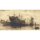 Fred W. Goolden, etching of the 'HMS Cambridge' broken up at Falmouth in 1908. F.W.