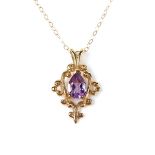 9 ct yellow gold amethyst pendant necklace. The pear shaped amethyst weighing approx. 0.54 ct.