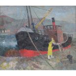 Burden, Ruth 1925-2011 British AR, Figures and Boat in a Harbour. 34 x 28 ins. (61 x 71 cms.