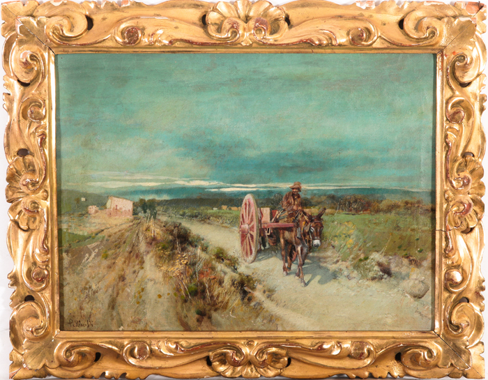 Artist Unknown (19th Century) Landscape with Traveler, Oil on canvas, Signed illegibly lower left.