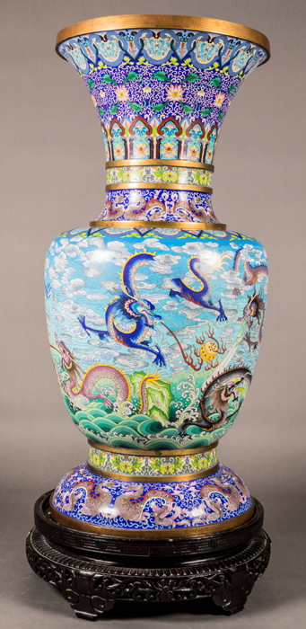 A Palace Size Chinese Cloisonné Vase on Stand, 20th Century. Dimensions (not including stand): h: 44