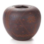 Vick Mead (20th Century) Lidded Vessel, Brown clay. Dimensions: h: 7 x dia: 8 in. Provenance: The