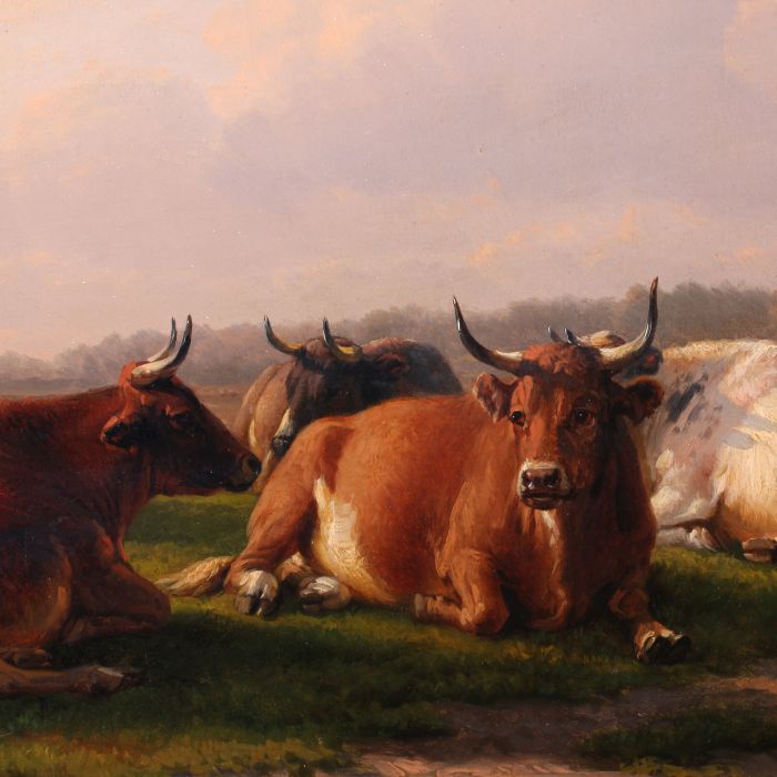 Eugène Verboeckhoven (Belgian, 1798-1881) Cattle at Rest in an Evening Field, Oil on canvas, - Image 4 of 9