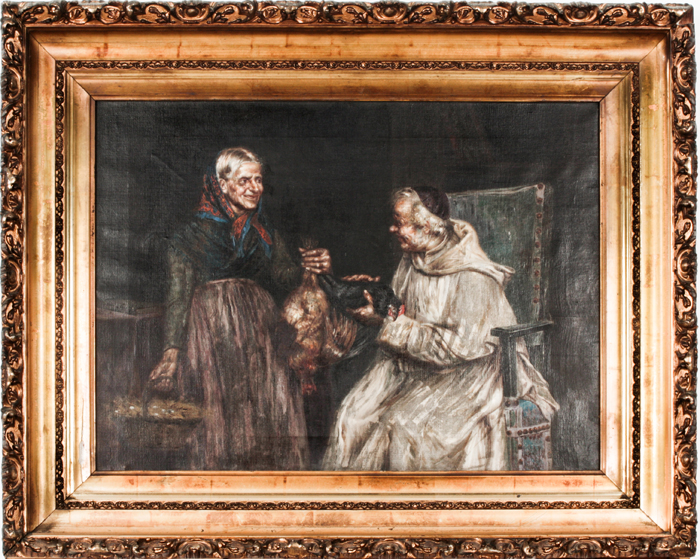 Italian School (19th Century) Interior Scene with Bishop and Peasant Woman, Oil on canvas, Initialed