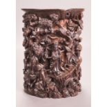 A Chinese Carved Elm Brush Pot, 20th Century, Dimensions: h: 12 1/2 x dia: 9 1/2 in.