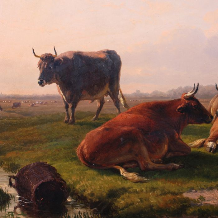 Eugène Verboeckhoven (Belgian, 1798-1881) Cattle at Rest in an Evening Field, Oil on canvas, - Image 6 of 9