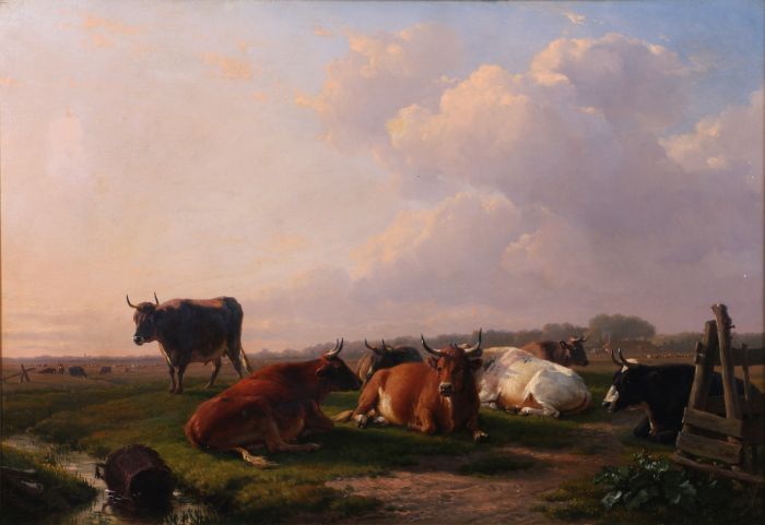 Eugène Verboeckhoven (Belgian, 1798-1881) Cattle at Rest in an Evening Field, Oil on canvas, - Image 2 of 9