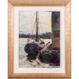 Artist Unknown (20th Century) Harbor Scene with Boat, Oil on canvas. Dimensions: h: 18 3/8 x w: 14