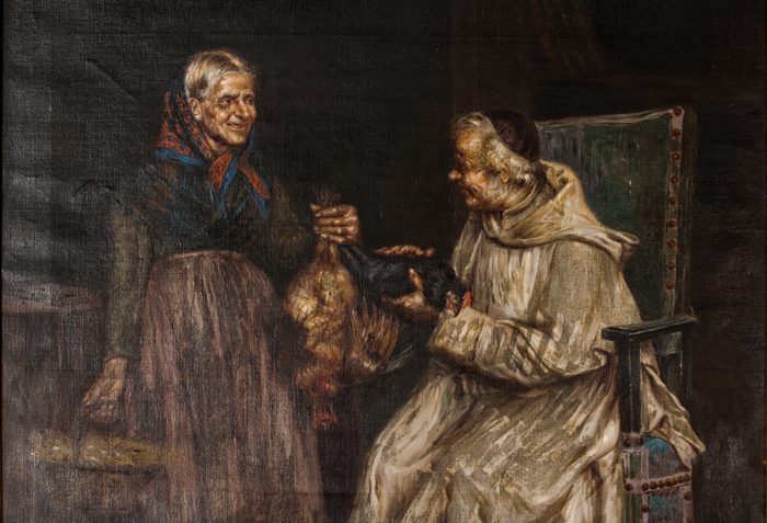 Italian School (19th Century) Interior Scene with Bishop and Peasant Woman, Oil on canvas, Initialed - Image 3 of 3