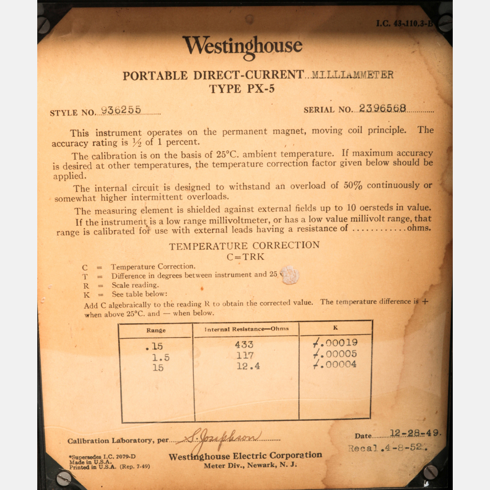 A Portable Direct-Current Milliammeter by Westinghouse, 20th Century. Serial number 2396568. H: - Image 7 of 7