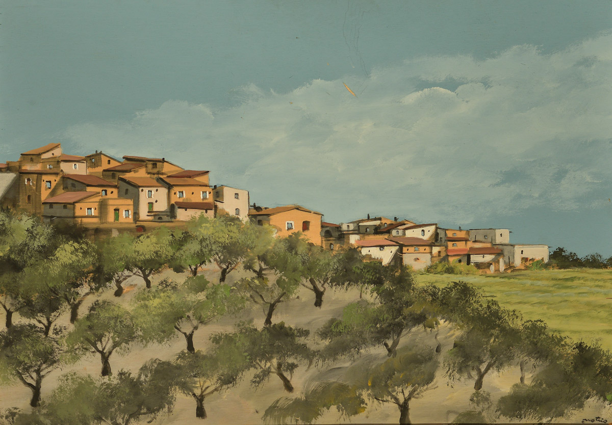 Enotrio Pugliese (1920 – 1989), "Paesaggio calabrese", olio su tavola, firmato in basso a destra,