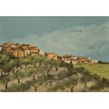 Enotrio Pugliese (1920 – 1989), "Paesaggio calabrese", olio su tavola, firmato in basso a destra,