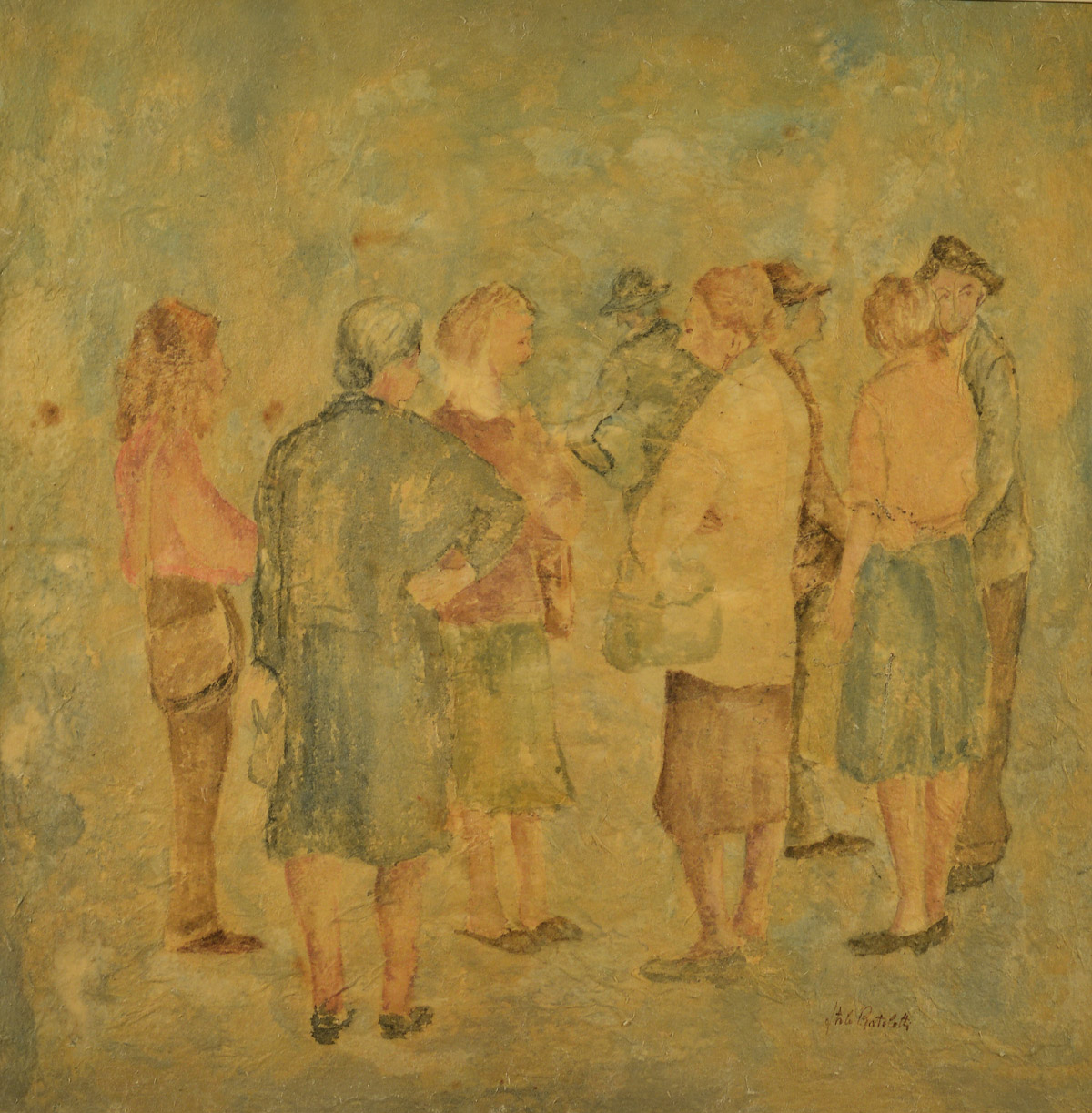 Italo Bortolotti (1933 – 2007), "La conversazione tra donne", olio su compensato, firmato in basso a