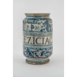 Alberello in maiolica decorata in blu," Vng Eziciach " e recante emblema Farmacia P.M, Centro Italia