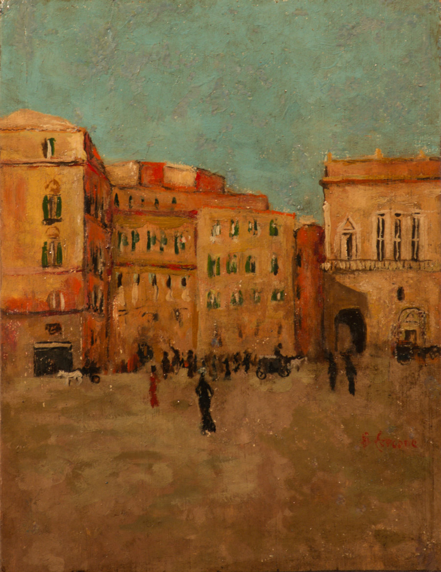 "Veduta di piazza", olio su tavoletta, firmato Fercone, XX sec.,  H cm 28.5x22 Starting Price: €50