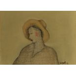 Donna con cappello", tecnica mista su tela, firmato in basso a destra Tusquets 82, XX sec., H cm