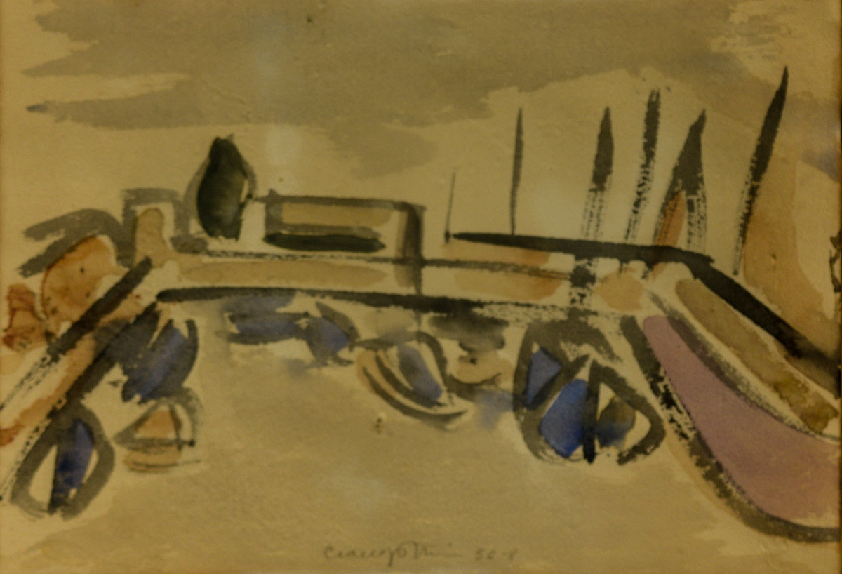 Giovanni Ciangottini (1912 – 1988), "Porto con barche", acquarello su carta, firmato Ciangottini