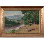 Luigi Lombardi (1853 – 1940), "Paesaggio collinare con lago", olio su tela, firmato in basso a
